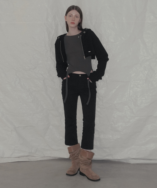 Cheto Eyelet Crop Bolero Hood Zip Up_Black