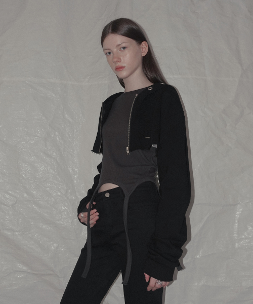 Cheto Eyelet Crop Bolero Hood Zip Up_Black