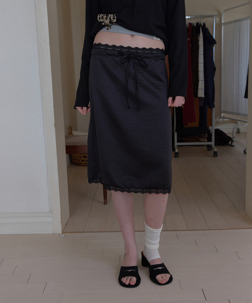 Easy lace satin midi skirt - Black
