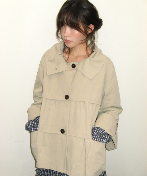 FRILL COLLAR SHIRRING JACKET BEIGE