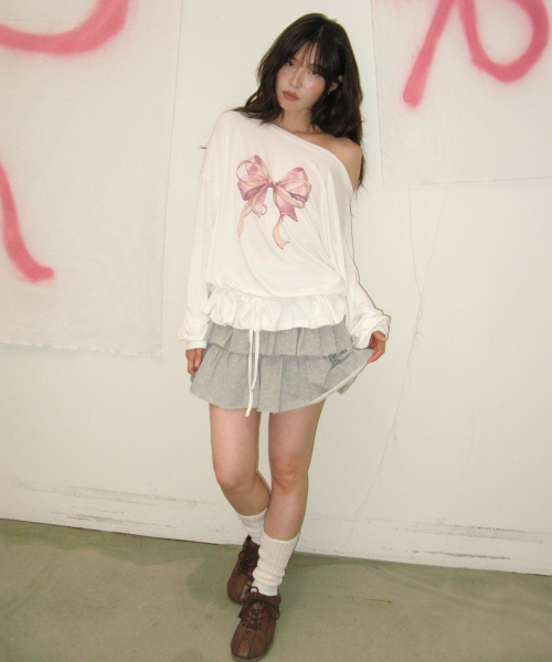 DOUBLE RIBBON OFF SHOULDER LONG SLEEVE WHITE