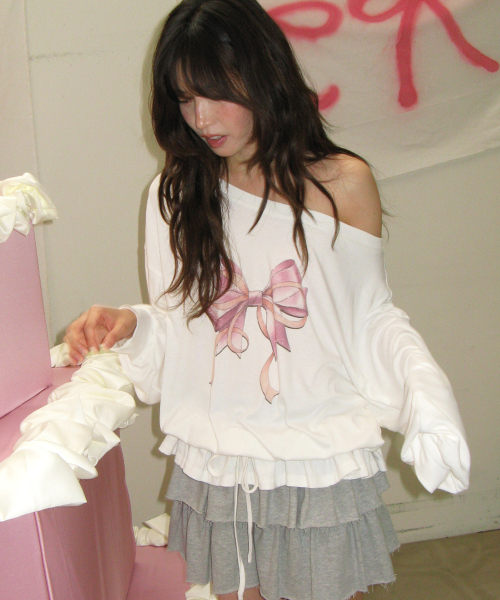 DOUBLE RIBBON OFF SHOULDER LONG SLEEVE WHITE