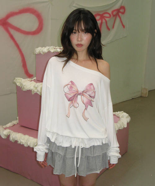 DOUBLE RIBBON OFF SHOULDER LONG SLEEVE WHITE