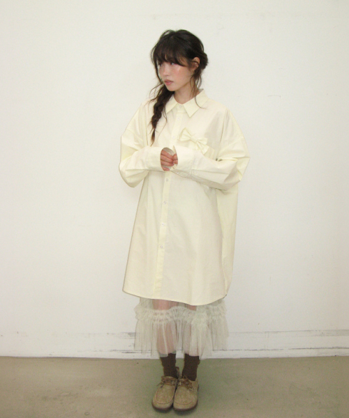 RIBBON PIN SET SHIRT DRESS BUTTER