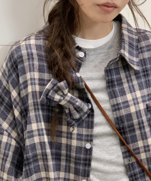 RIBBON PIN SET SHIRT DRESS NAVY CHECK