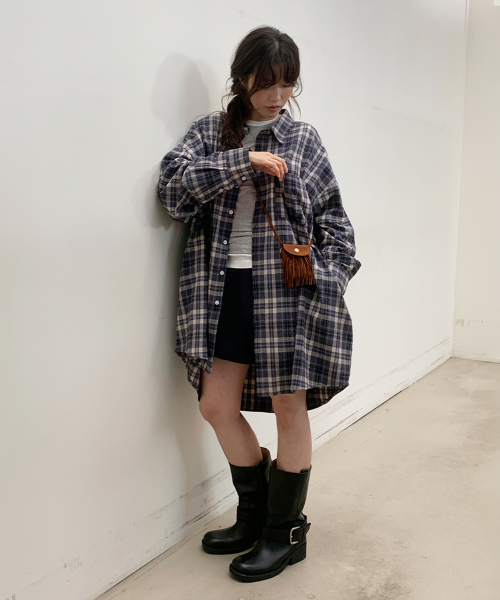 RIBBON PIN SET SHIRT DRESS NAVY CHECK