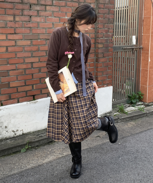 CHECK FLARE BANDING MIDI SKIRT BROWN