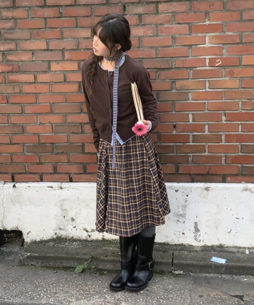 CHECK FLARE BANDING MIDI SKIRT BROWN
