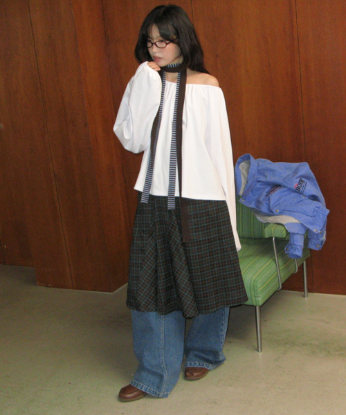 CHECK FLARE BANDING MIDI SKIRT GREEN