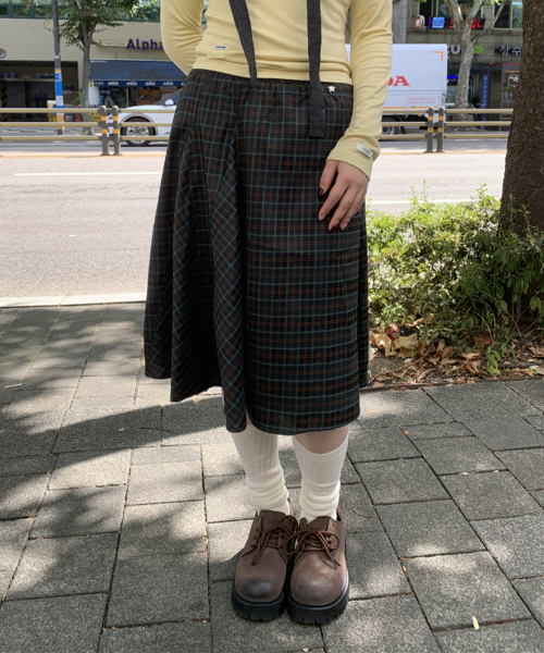 CHECK FLARE BANDING MIDI SKIRT GREEN
