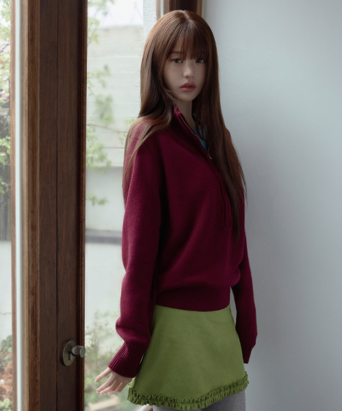 HIGH NECK KNIT HALF ZIP-UP BURGUNDY