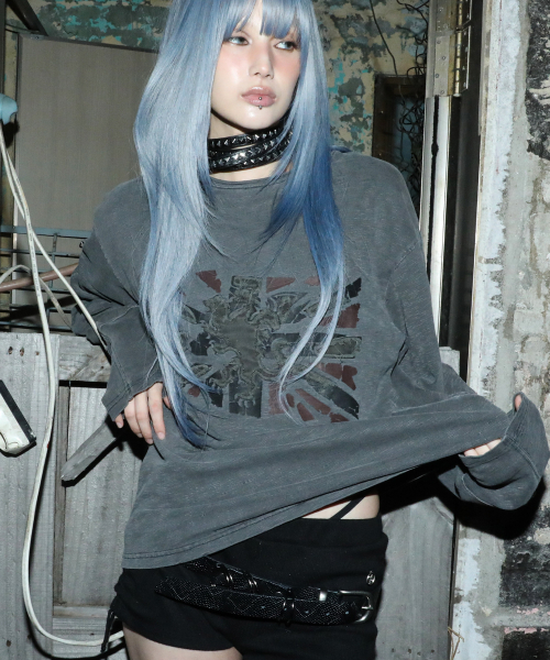 GT190 빈티지 플래그 잭 핑거홀 세미 크롭 워시드 롱슬리브 (CHARCOAL GRAY)