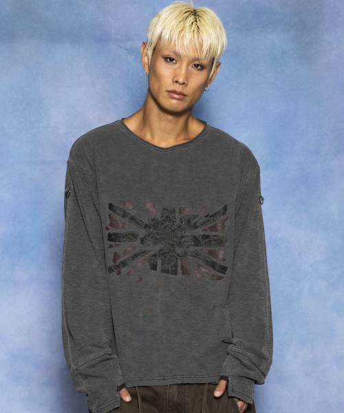 GT190 빈티지 플래그 잭 핑거홀 세미 크롭 워시드 롱슬리브 (CHARCOAL GRAY)