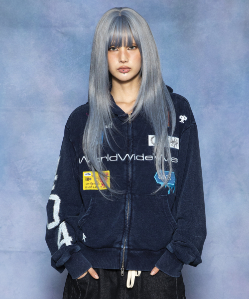 GHD050 GLK 스폰서드 404 아플리케 레귤러핏 워시드 후드 집업 (NAVY)