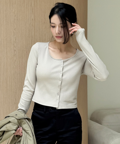 Slim Soft Ribbed Round Neck Button-Up Layered Cardigan _3COLOR