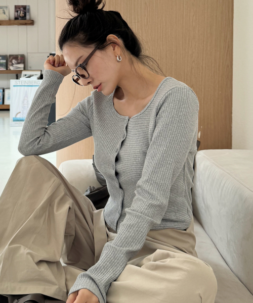 Slim Soft Ribbed Round Neck Button-Up Layered Cardigan _3COLOR