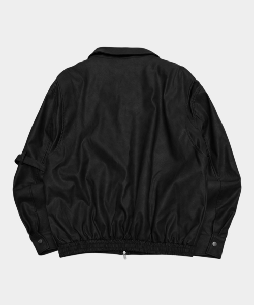 Side eyelet belt point minimal two-way leather single collar work jacket [Black]