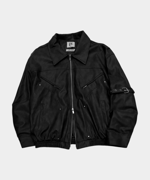 Side eyelet belt point minimal two-way leather single collar work jacket [Black]