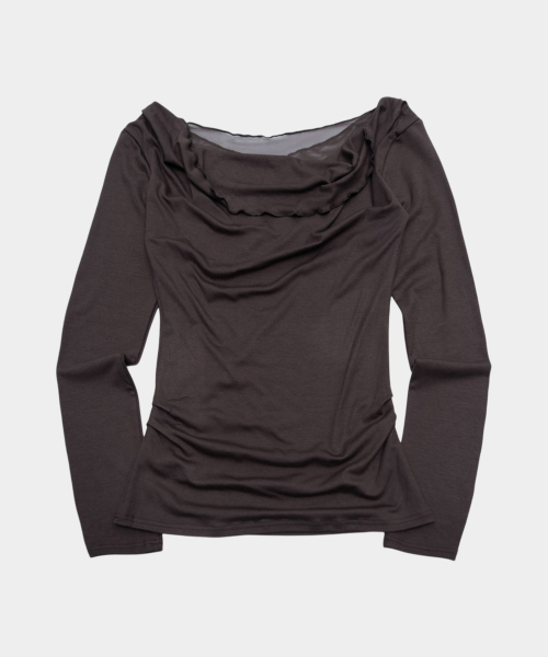 Drape boat neck shirring slim fit simple womens long sleeve t-shirt _2COLOR
