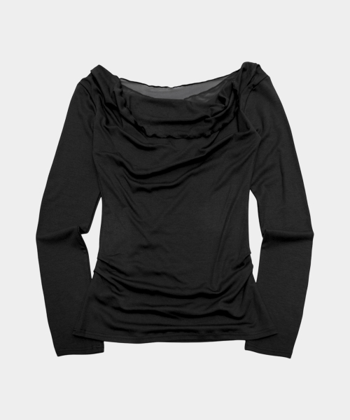 Drape boat neck shirring slim fit simple womens long sleeve t-shirt _2COLOR