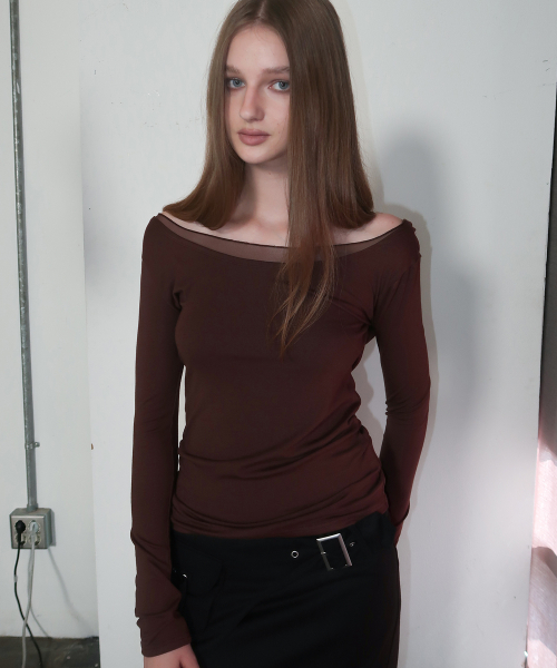 Drape boat neck shirring slim fit simple womens long sleeve t-shirt _2COLOR