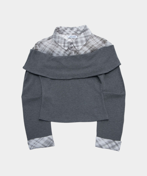Shirt double-layered off-shoulder slim-fit boat neck long sleeve t-shirt _2COLOR