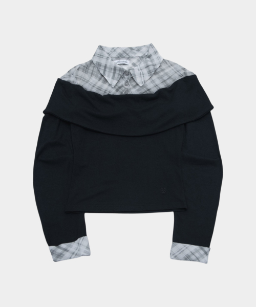 Shirt double-layered off-shoulder slim-fit boat neck long sleeve t-shirt _2COLOR