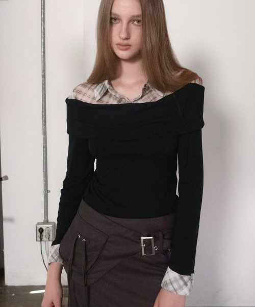 Shirt double-layered off-shoulder slim-fit boat neck long sleeve t-shirt _2COLOR