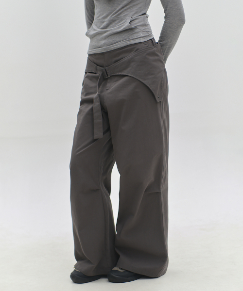 Women Unbalanced Belted Wrap Skirt Layered Cotton Wide Two-Piece Pants _3COLOR