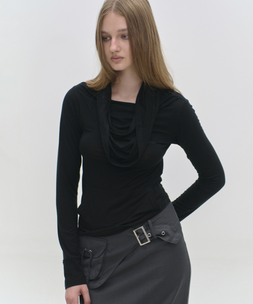 Sheer shirring high-neck pocket embroidered point soft layered long-sleeve T-shirt _3COLOR
