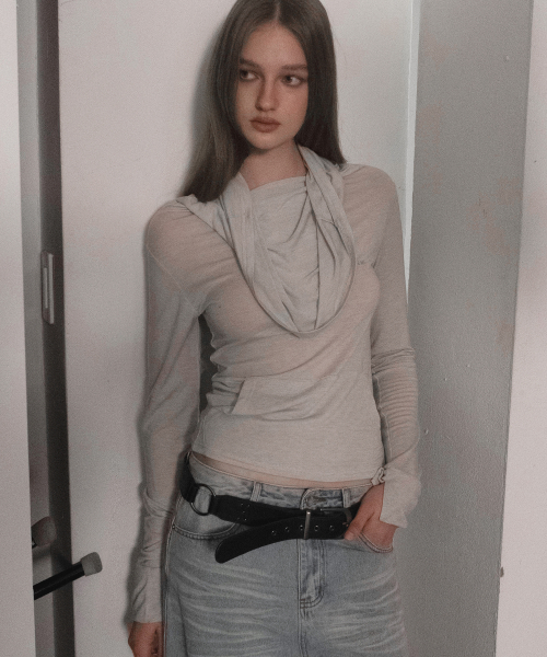 Sheer shirring high-neck pocket embroidered point soft layered long-sleeve T-shirt _3COLOR