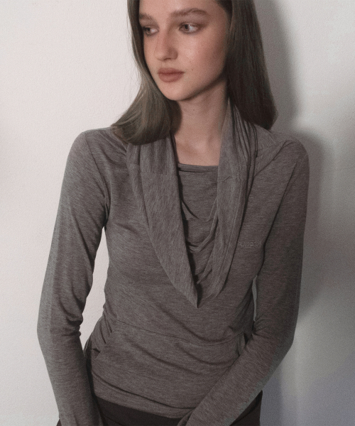 Sheer shirring high-neck pocket embroidered point soft layered long-sleeve T-shirt _3COLOR