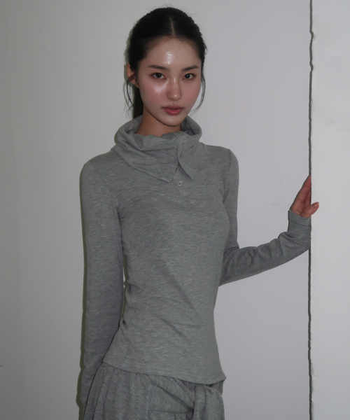 Minimal high-neck side snap point slim-fit basic two-way long-sleeve T-shirt _3COLOR