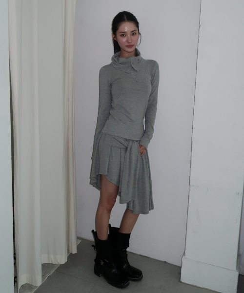 Minimal high-neck side snap point slim-fit basic two-way long-sleeve T-shirt _3COLOR