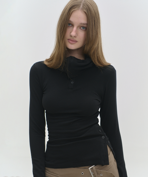 Minimal high-neck side snap point slim-fit basic two-way long-sleeve T-shirt _3COLOR