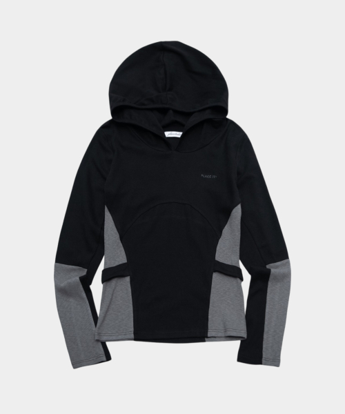 Side color-block logo point basic soft hooded long-sleeve T-shirt _2COLOR