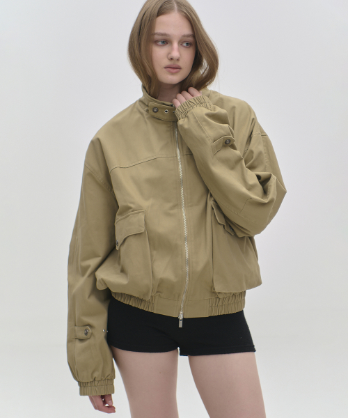 Studded high-neck buckle multi-pocket point oversized blouson cotton zip-up jacket [beige]