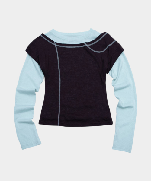 Stitch Double Color Block Layered Slim Fit Cropped Long Sleeve T-Shirt Two-Piece Set _3COLOR