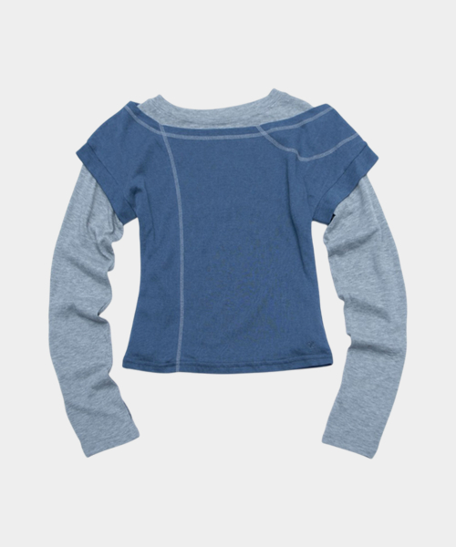 Stitch Double Color Block Layered Slim Fit Cropped Long Sleeve T-Shirt Two-Piece Set _3COLOR