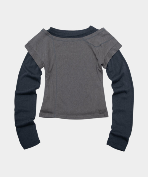 Stitch Double Color Block Layered Slim Fit Cropped Long Sleeve T-Shirt Two-Piece Set _3COLOR