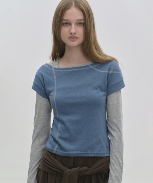 Stitch Double Color Block Layered Slim Fit Cropped Long Sleeve T-Shirt Two-Piece Set _3COLOR