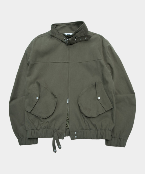 High-neck eyelet belted multi-pocket point cotton oversized standard blouson zip-up jacket [khaki]