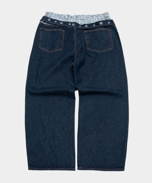 Leopard color-block eyelet strap point four-season wide oversized denim pants [dark blue]