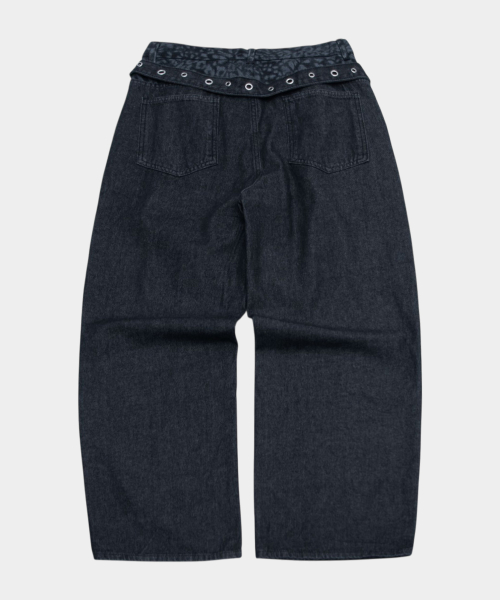 Leopard color-block eyelet strap point four-season wide oversized denim pants [black denim]