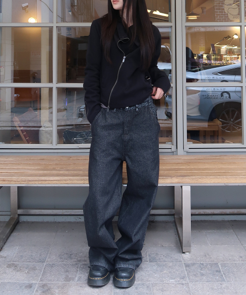 Leopard color-block eyelet strap point four-season wide oversized denim pants [black denim]