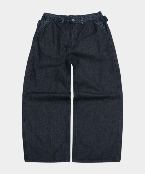 Leopard color-block eyelet strap point four-season wide oversized denim pants [black denim]