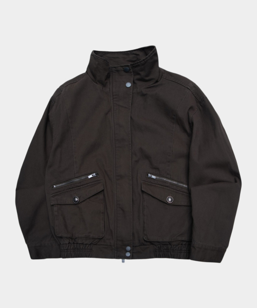 High-neck standard pocket double zipper point button-up cotton oversized blouson jacket _2COLOR