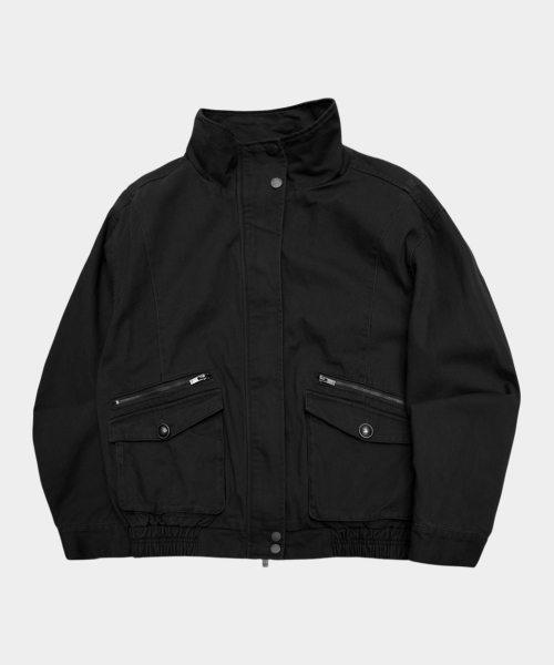 High-neck standard pocket double zipper point button-up cotton oversized blouson jacket _2COLOR