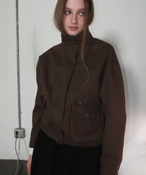 High-neck standard pocket double zipper point button-up cotton oversized blouson jacket _2COLOR