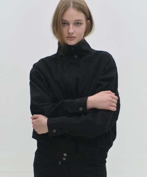 High-neck standard pocket double zipper point button-up cotton oversized blouson jacket _2COLOR